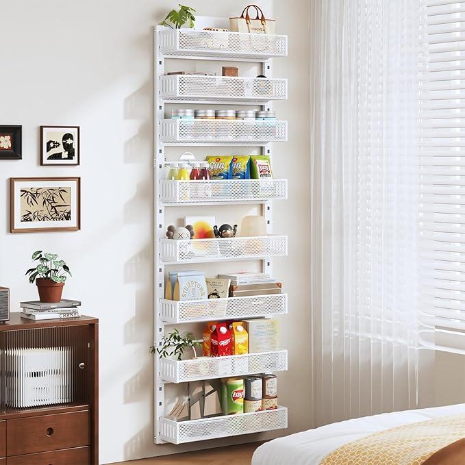 Pantry Door Organizers and Storage,6-Tier Large Wide Metal Heavy-Duty Frame Over the Door Spice Rack, 2 in 1 Wall-Mounted or Hanging shelf for Kitchen, Bathroom, Laundry Room, Bedroom, Closet &Nursery