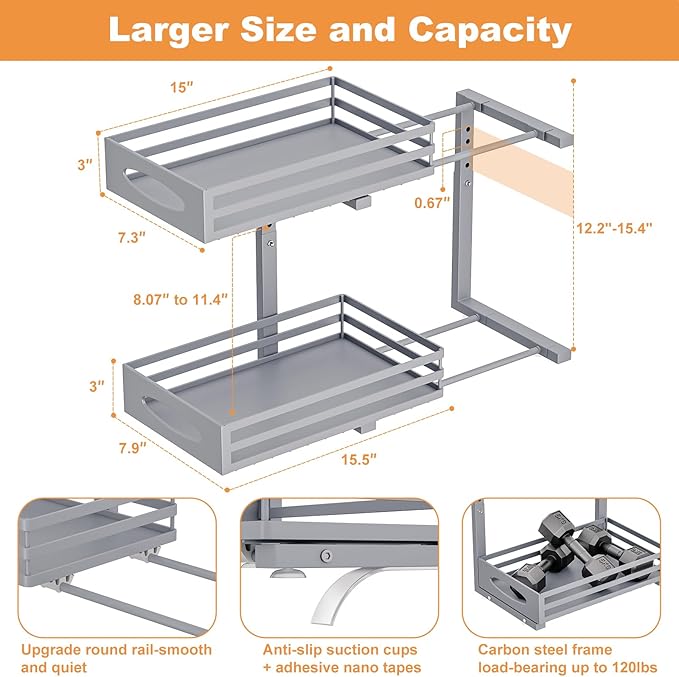 Under Sink Organizer, 2 Tier Under Sink Organizers and Storage, Adjustable Height, Slide out Metal Cabinet Organizers, Pull out Cabinet Storage Drawer Shelf for Kitchen Bathroom (Gray, 1Pack)
