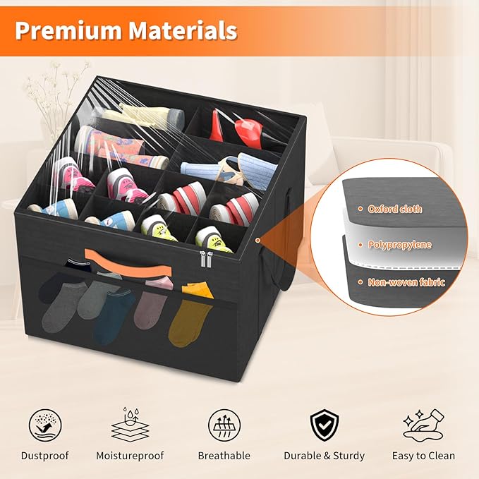 Aokeyee 2 Pack Shoe Organizer for Closet, Foldable Shoe Storage Organizer Box w/Clear Cover and 4 Reinforced Handles, Space Saving Shoes Bin Fits up to 32 Pairs, Black
