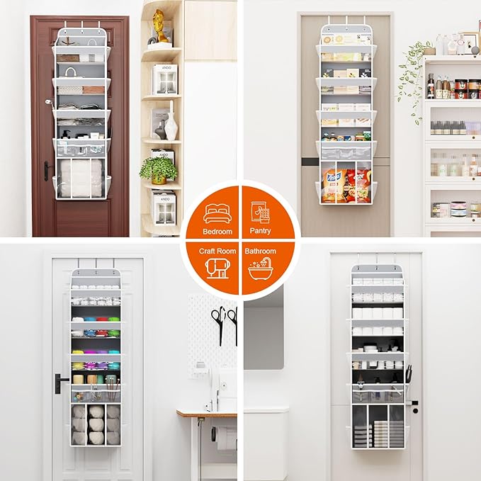 OneDream Over the Door Organizer for Nursery, 5-Tier Baby Clothes Organizer with Removable Storage Caddy, Hanging Behind Door Storage with Clear Pockets and Side Mesh Compartments, Grey