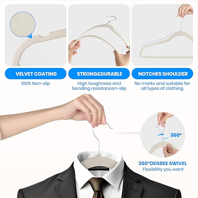 YSSOA Velvet Hangers 70 Pack, Non-Slip Clothes Hangers with Shoulder Notches, 360° Swivel Hooks, Heavy Duty Standard Hanger for Closet Space Saving, White