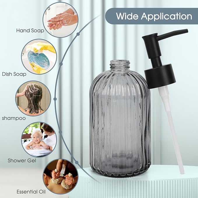 Topsky 2 Pack Glass Soap Dispenser with Plastic Pump,400ml Liquid Hand Soap Dispenser,Rustproof Pump for Kitchen & Bathroom,Great for Lotions,Essential Oil,Liquid Soaps,Gray
