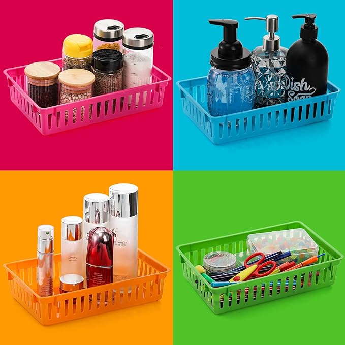 DEAYOU 16 Pack Classroom Storage Baskets Bins, Small Plastic Organizer Basket, Colorful Storage Trays, Crayon Pencil Containers for Paper, Desk, Shelf, Home School Office, 10.2" L x 6.5" W x 2.4" H