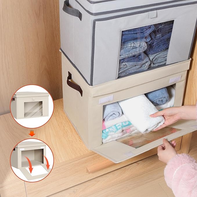 Univivi Storage Bins with Lids, Large Closet Organizers and Storage with Handles & Window, Foldable Fabric Storage Boxes with Lids for Home, Closet, Bedroom, 4 Pack, (Beige, 16.5“ x 12” x 12")
