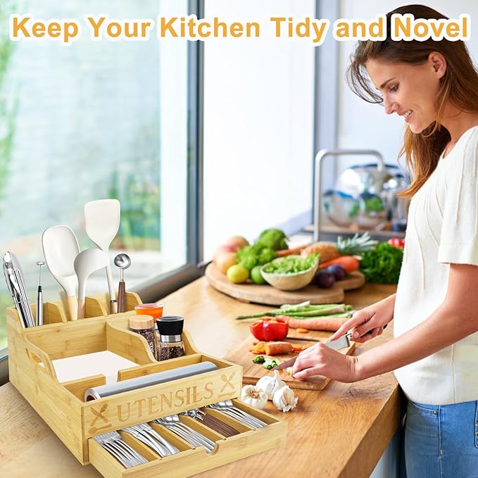Kitchen Utensil Holder, Lagre Wooden Cooking Utensil Holder, Farmhouse Spatula Organizer, Countertop Utensil Crock for Forks Spoons Knives Kitchen Cooking Tools Storage with 11 Compartments(Log Color)