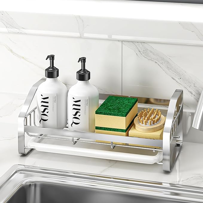 Sink Caddy,Sponge Holder for Kitchen Sink, Kitchen Bathroom Sink Organizer,304 Stainless Steel Kitchen Countertop Organizer Soap Tray with Removable Drain Tray Length Version - Silver