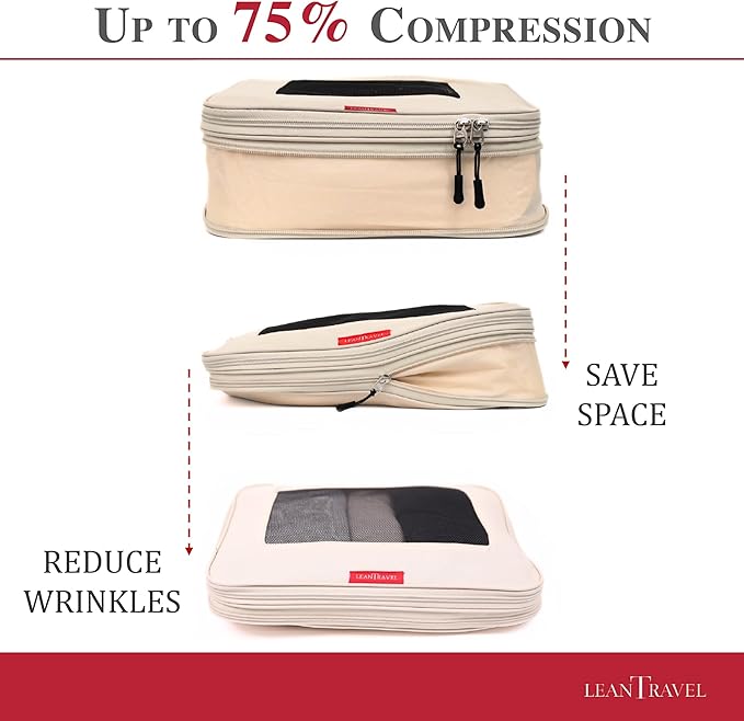LeanTravel Compression Packing Cubes for Travel Organizers with Double Zipper 4 pack - Sand Color