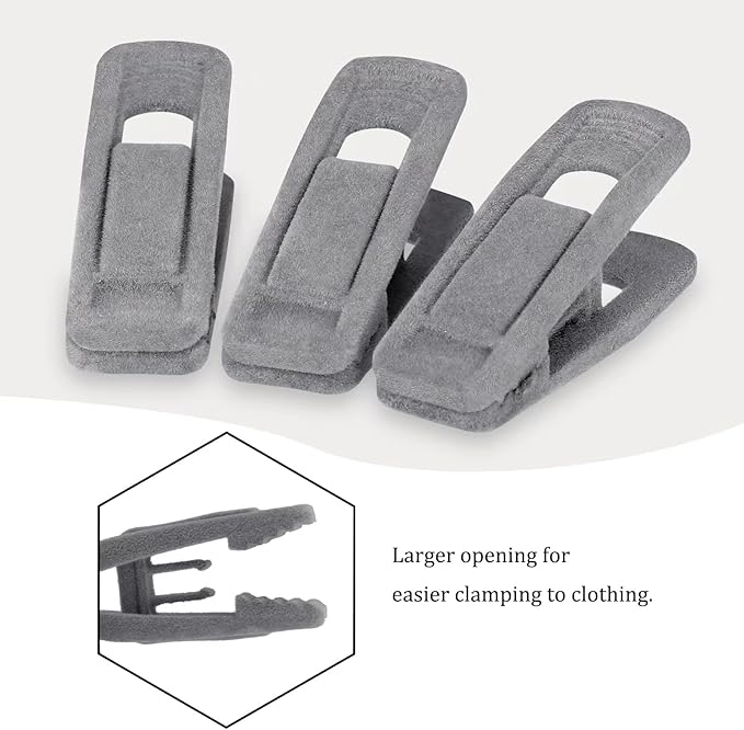 Tinfol Gray Velvet Hanger Clips 24 Pack, Non-Slip Flocked Clips for Pants, Skirts, Suits - Strong Finger Clips with Large Opening, Perfect for Slim-Line Velvet Hangers