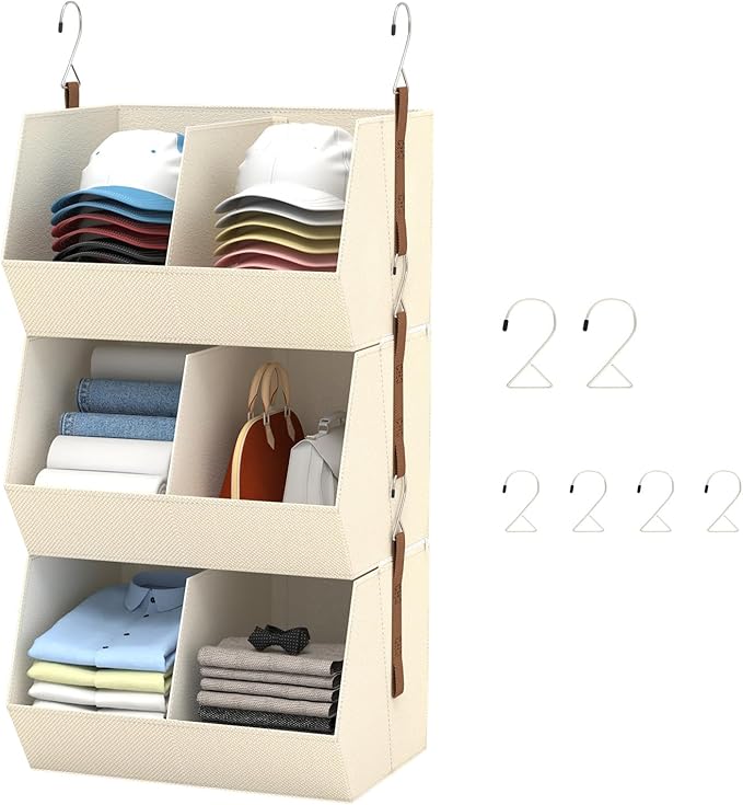 1 Pack,Hanging Closet Organizer 3 Tier,Disassemblable Clothes Hanging Shelves,Space-Saving Closet System, Fabric Storage Bins Bedroom Organization,Collapsible Baskets for Home, Dorm, Rv,Beige