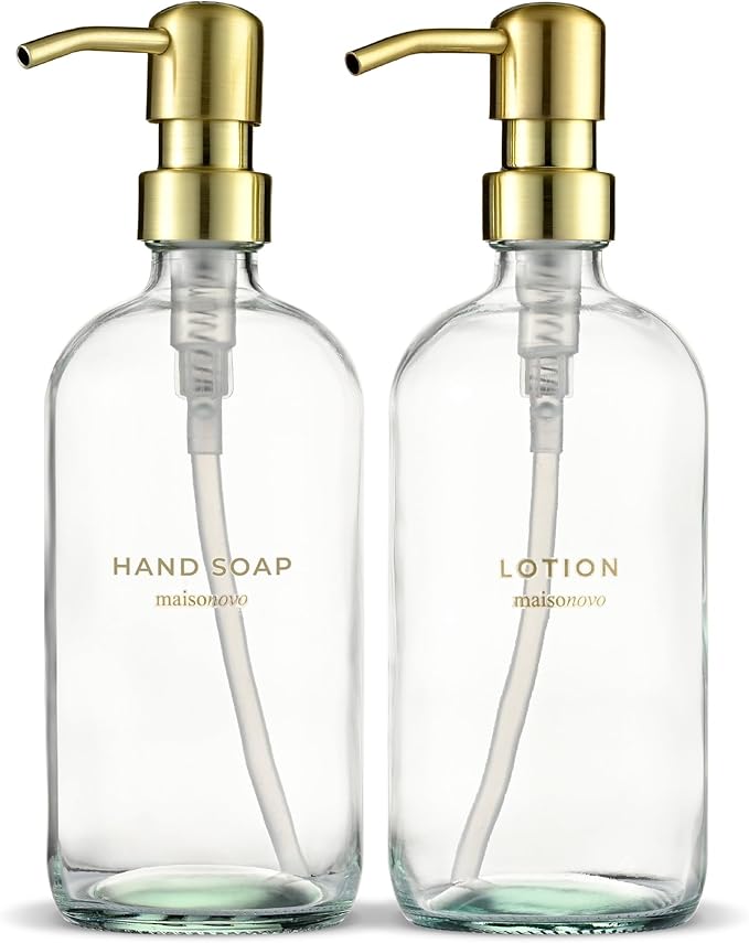 MaisoNovo Soap Dispenser 2-Piece Set | 16.9oz Clear Bottles with Gold Stainless Steel Pump Core