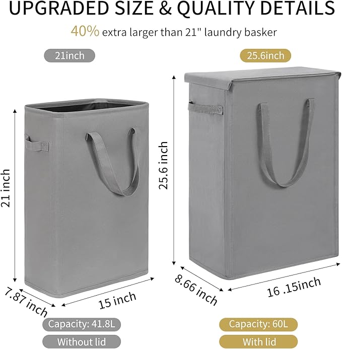 Chrislley 60L Slim Laundry Hamper with Lid Narrow Laundry Basket with Handle Upgrade Foldable Dirty Clothes Hamper Portable Skinny Hamper Organizer Storage Bins (25.6 inches, grey)