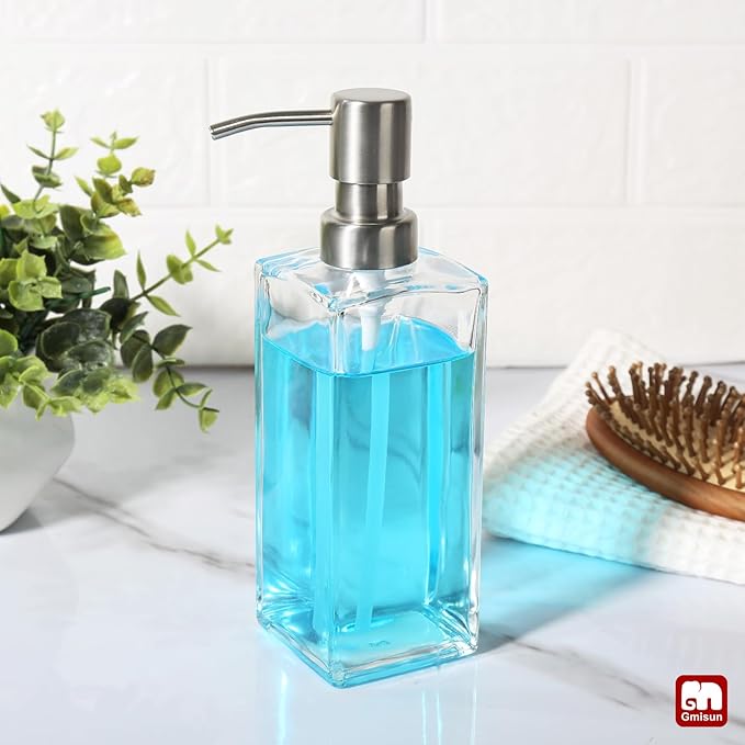 GMISUN Glass Soap Dispenser with Stainless Steel Pump, Clear Hand Soap Dispenser for Bathroom, 12 fl oz/350ml Dish Dispensers for Kitchen, Modern Refillable Liquid Soap Lotion Bottle for Countertop