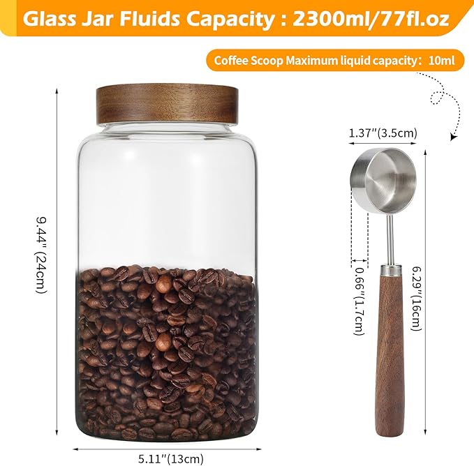 Patoper Large Glass Coffee Jars with Spoon,Round Storage Canister with Wooden Lid Clear Glass Food Jar for Pantry Sugar Tea Coffee Bean Spice Nuts Cookies Bath Salts (2300ml/77oz)