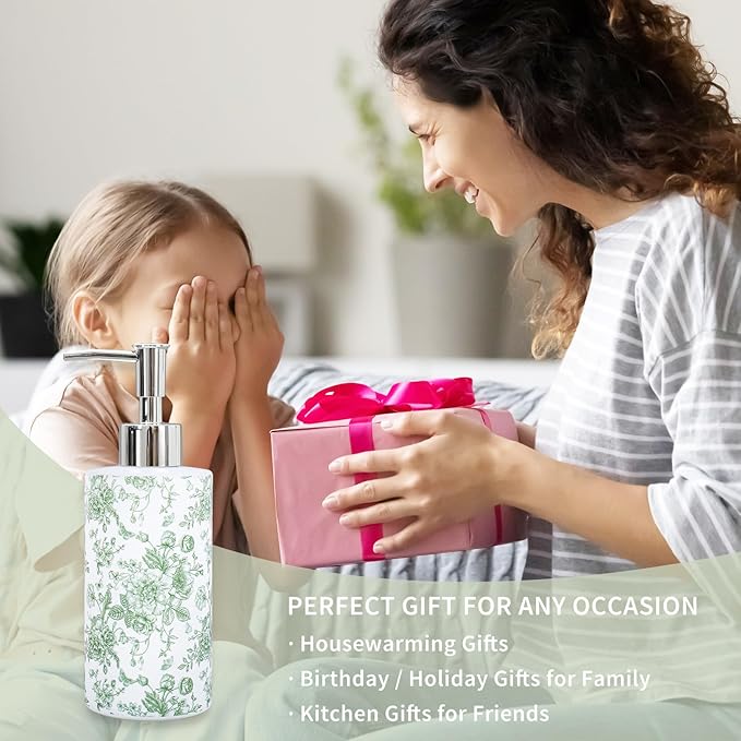 JarThenaAMCS Green Floral Soap Dispenser Glass Dispenser with Pump Refillable Vintage Chinoiserie Flower Butterfly Liquid Soap Container for Kitchen Bathroom Countertop Decor
