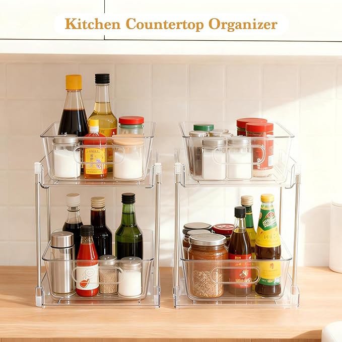 2 Pack Under Sink Organizer, 2 Tier Clear Bathroom Organizers and Storage, Pull-Out Medicine Cabinet Organizer, Multi-Purpose Cabinet Organizer with Track for Bathroom, Kitchen, Pantry, Vanity Storage