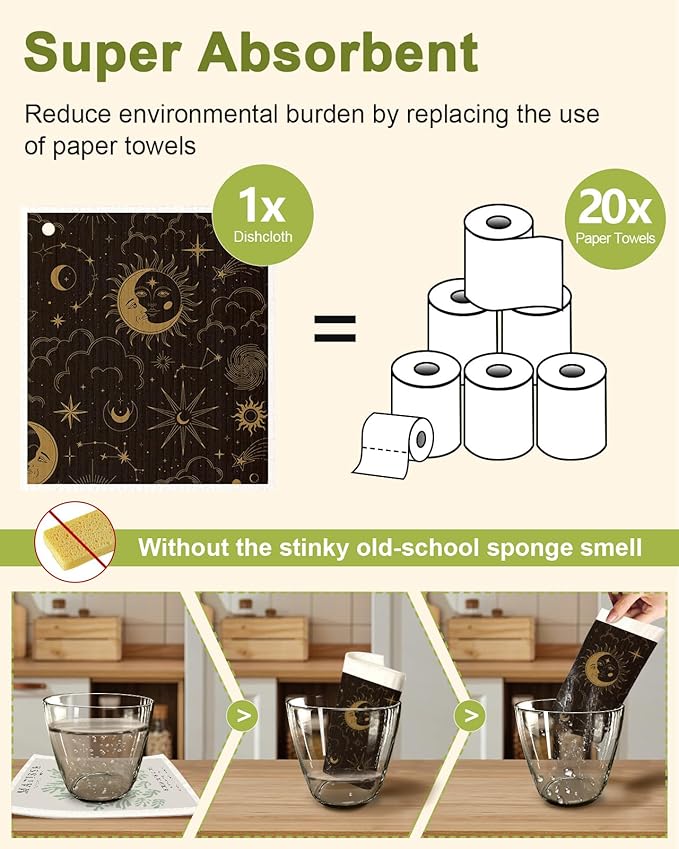 8 Pack Swedish Kitchen Dishcloths - Absorbent Reusable Dish Towels, Fast Drying, Moon Sun