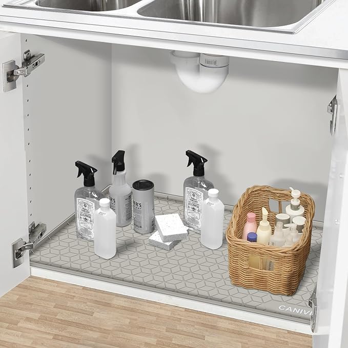 Under Sink Mat, 31" x 22" Waterproof Silicone Under Sink Tray for Kitchen & Laundry Cabinets, Kitchen Cabinet Shelf Protector, Up to 3.2 Gallons Liquid, Fits 36 inch Standard Cabinet (Khaki)