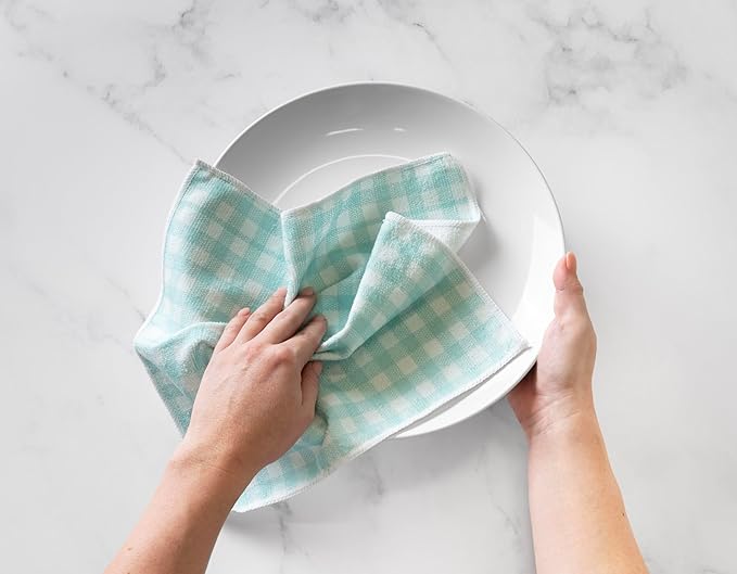 Martha Stewart Microfiber Cleaning Cloths, Ultra-Absorbent, Lint-Free Cleaning Towels for Home & Kitchen, Teal Gingham, 11 Inches, 24 Count