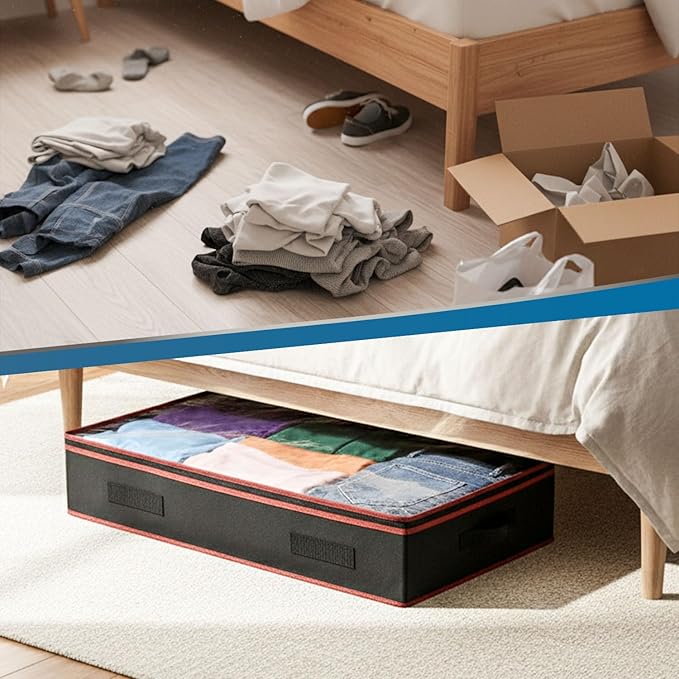 6 Inches Under Bed Storage Containers with Clear Lids | Pack of 4 Underbed Shoe Storage Foldable Clothes Organizer Bins for Blankets, Pillows, Sturdy Handles, Dustproof, & Seasonal Items