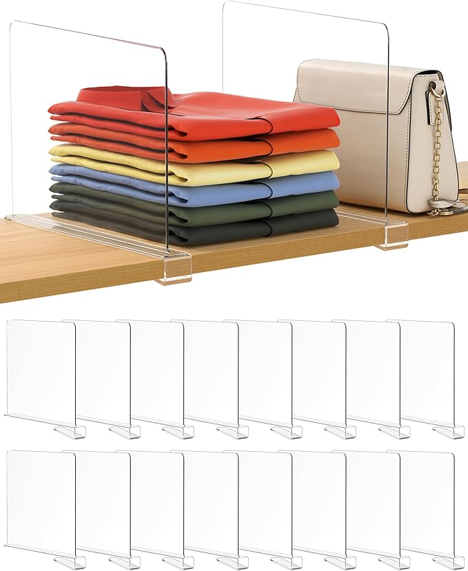 Famyards 16 Pack 12 Inches [Extra Tall Version] Clear Shelf Dividers for Organization, Acrylic Closet Shelf Vertical Shelves Organizer for Bedroom, Kitchen and Office