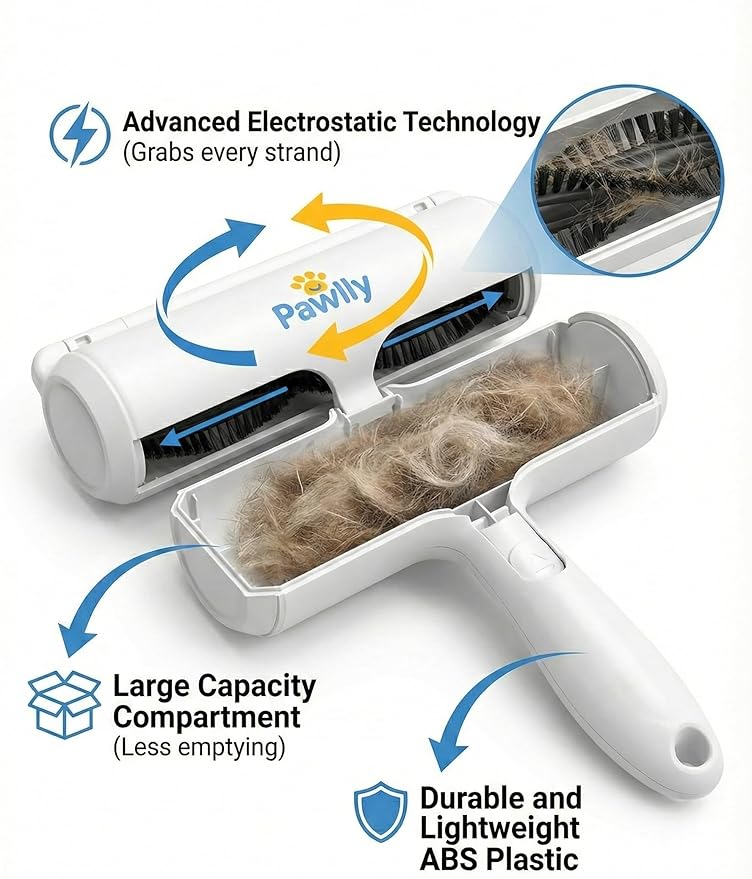 Pawlly Pet Hair Remover Roller – Reusable Lint Roller for Pet Hair, Dog & Cat Hair Remover – Self-Cleaning Fur Removal Tool for Couch, Sofa, Furniture, Carpet, Car Seats & Bedding – No Refills Needed