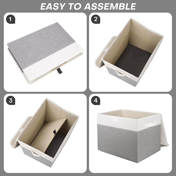 Large 17" 42 Quarts Collapsible Stackable Storage Bins with Lids [3-Pack] Foldable Fabric Linen Storage Boxes Cube, Closet Organizer Baskets with Label (16.7 x 12 x 12, Gray & White)