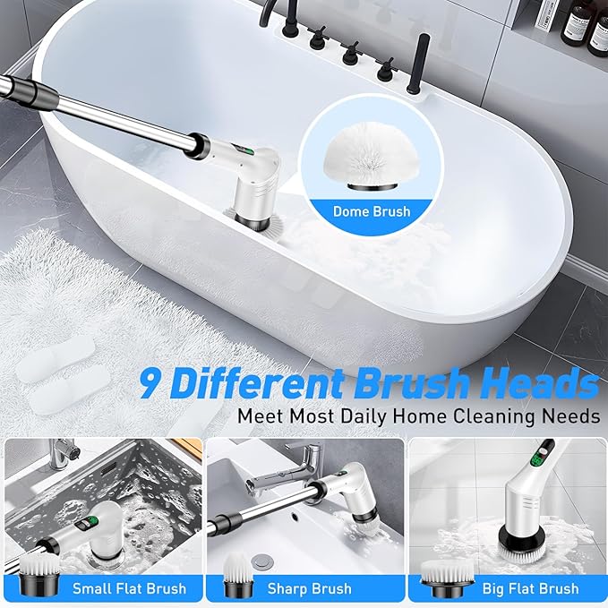 CVRUAY Electric Spin Scrubber, Cordless Shower Cleaning Scrubber with 9 Brush Heads, 2 Speed with Adjustable Extension Handle, Waterproof Bathroom Scrubber with LCD Display for Bathtub Kitchen Wall