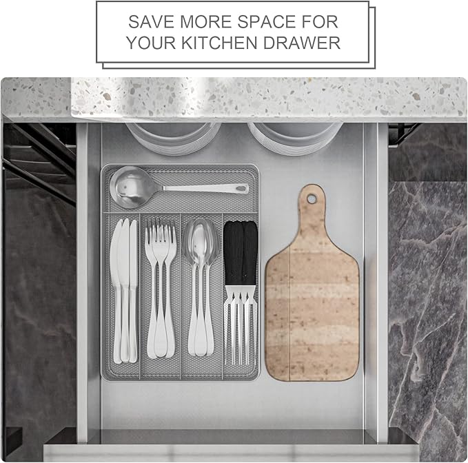 TQVAI Silverware Organizer - 5 Slots Non-Slip Mesh Kitchen Drawer Organizer - Metal Compact Utensil Cutlery Holder in Drawer Tray, Silver