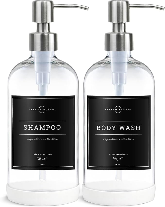 Vine Creations Clear Glass Soap Dispenser, 2 Pack Kitchen Soap Dispenser Set with Stainless Steel Pump, 16 oz Hand Soap or Dish Soap for Bathroom or Kitchen with Waterproof Labels