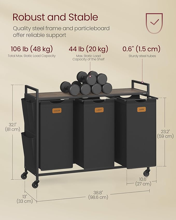 VASAGLE Laundry Hamper, Laundry Sorter Rolling Cart with Shelves, Small Side Pockets, 6 Labels, 3 Compartments, 39.6 Gal. (150 L), Ink Black and Ash Brown UBLH223BH01