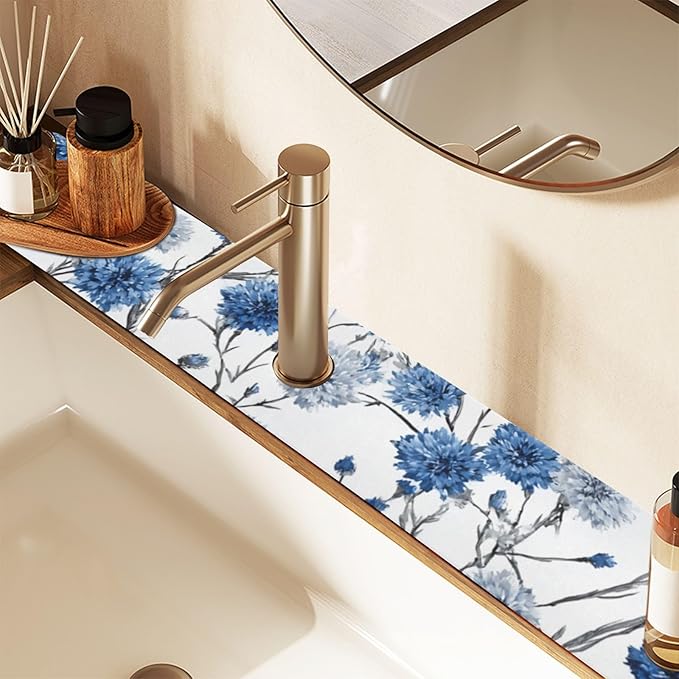 Kitchen Sink Splash Guard 1 PC 30 Inch Sink Faucet Mat Splash Guard for Bathroom Countertop Water Absorbent Foldable Cuttable Soft Washable Chinese Style Cornflower