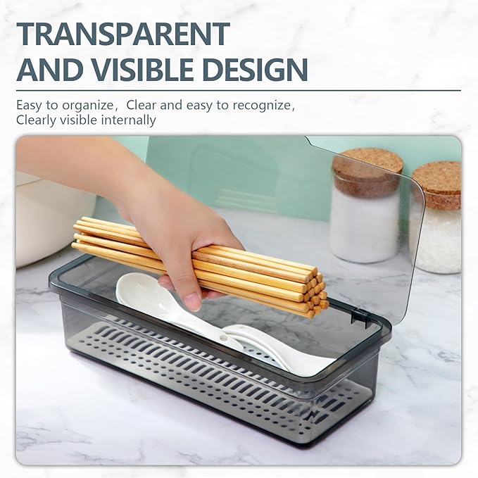 SUNSHNO Flatware Tray with Lid and Drainer, Tableware Utensil and Cutlery Drawer Organizer with Lid Covered Silverware Tray to Keeps Your Cutlery Organized and Protected