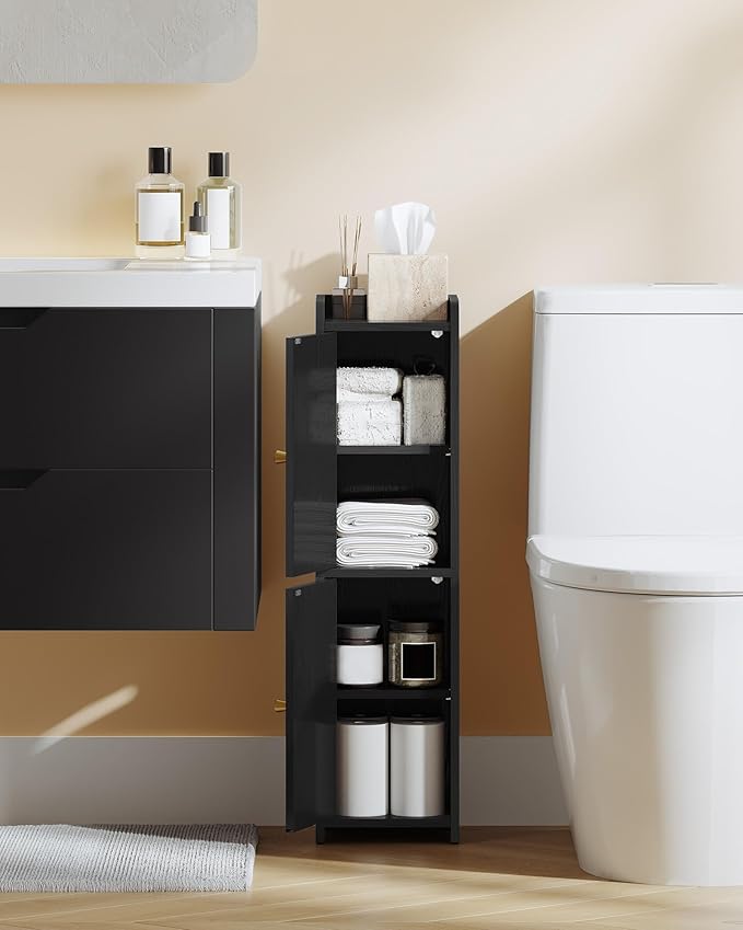 Bathroom Storage Cabinet, Small Corner Floor Cabinet with 2 Doors and Adjustable Shelf, Narrow Toilet Paper Cabinets, Bathroom Organizer for Small Spaces, 7.9" D x 7.9" W x 29.5" H Black
