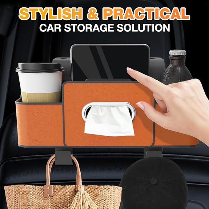 3-in-1 Car Back Seat Organizer with Cup Holder, Multifunctional Car Seat Back Organizer and Storage Box, with 2 Cup Holders, Tissue Box and Hook, for Hold Phone,Snacks, Drinks, Handbag (Brown,2PCS)