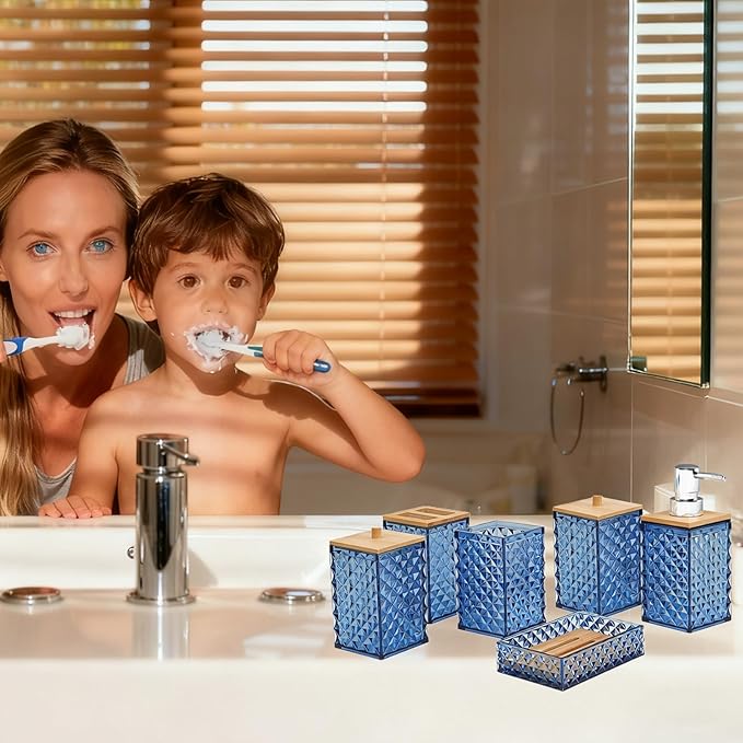Bathroom Accessory Set,6 Pcs Blue Bathroom Set Include Soap Dispenser, Qtip Holder Dispenser, Soap Dish,Toothbrush Holder & Mouthwash Cup.Boho Bathroom Set
