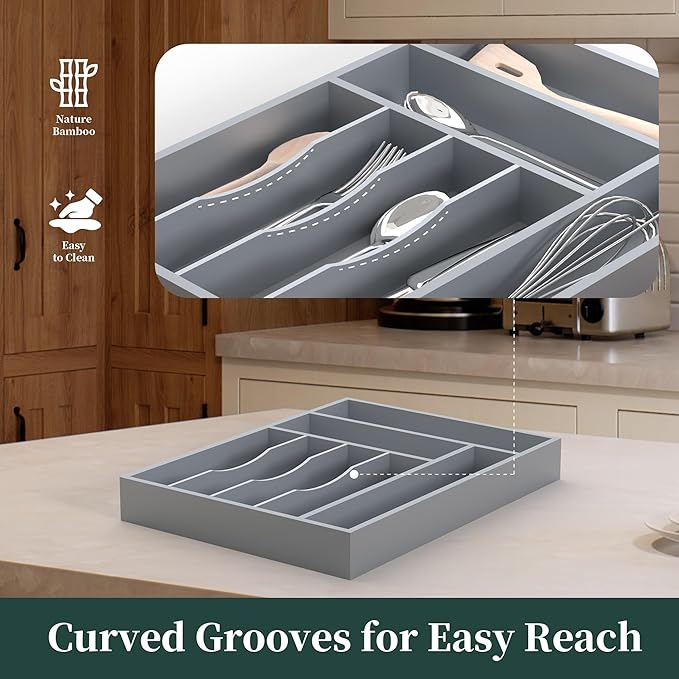 Bamboo Silverware Organizer, Kitchen Drawer Organizer, Utensil Holder, Cutlery Tray & Spoon Flatware Storage with Grooved Drawer Dividers (7 Slots, Grey)
