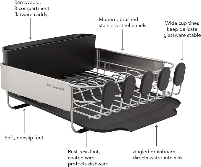KitchenAid Compact, Space Saving Rust Resistant Dish Rack with Removable Flatware Caddy and Angled Self Draining Drainboard, 16.06-Inch, Black