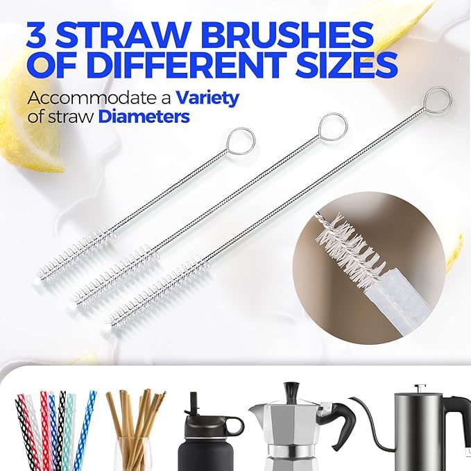 Holikme 5-Piece Bottle Brush Cleaner Set - 14" Stainless Steel Handle, 3 Straw Brushes, Cleans Water Bottles, Cups, Baby Bottles, Black & Grey