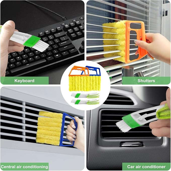 4Pcs Blind Cleaner Duster Tool Set with 7-Finger & 3-Finger Brushes，Washable Multi-Surface Dusting Kit for Wood Blinds, Venetian Blinds, AC Vents, Car Vents, Shutters & Fans (Orange+Blue)