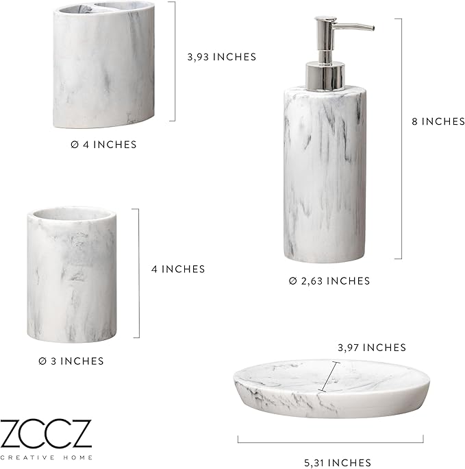 ZCCZ Bathroom Accessory Set, 4 Pcs Marble Look Bathroom Vanity Countertop Bathroom Décor Sets Accessories with Soap Dispenser, Toothbrush Holder Set, Tumbler, Soap Dish
