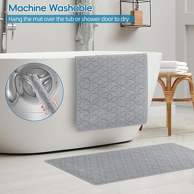 WRISIN Bathtub Mat Non Slip with Suction Cups - 100% Rubber Bathroom Mat Textured for Bath Tub Shower Safety - Soft on Touch - BPA/PVC Free - Pet Dog Bath Mat - Machine Washable - 17 × 35 Inch（Gray）