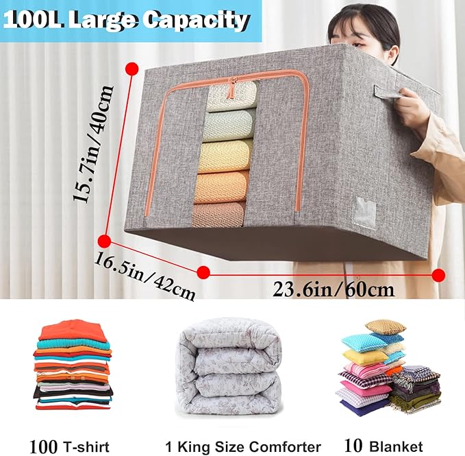 SWEERI Extra Large Clothes Storage Bins with Metal Frame, Foldable Organizer for Home Organization, 2-Way Zipper, Clear Window Storage Bags for Clothes, Bedding, Seasonal Storage, 100L x 3Pack