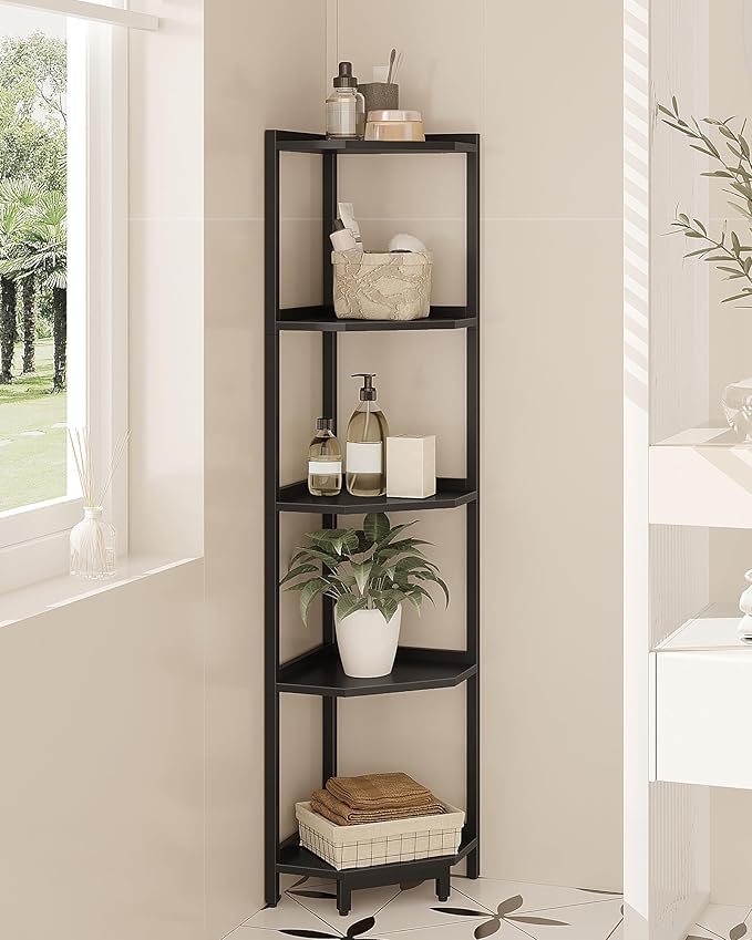 Corner Shelf Stand, Corner Bookshelf, Storage Standing Shelf Unit with Metal Frame, Plant Stand, Bookcase for Living Room, Home Office, Bedroom, 5-Tier Black CS05906B