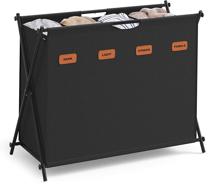 SONGMICS Laundry Hamper, Laundry Basket, 40.9 Gal. Laundry Sorter 4 Sections, Collapsible X-Frame, Clothes Organizer with Customizable Labels, Laundry Room, Bedroom, Bathroom, Ink Black ULCB140B01