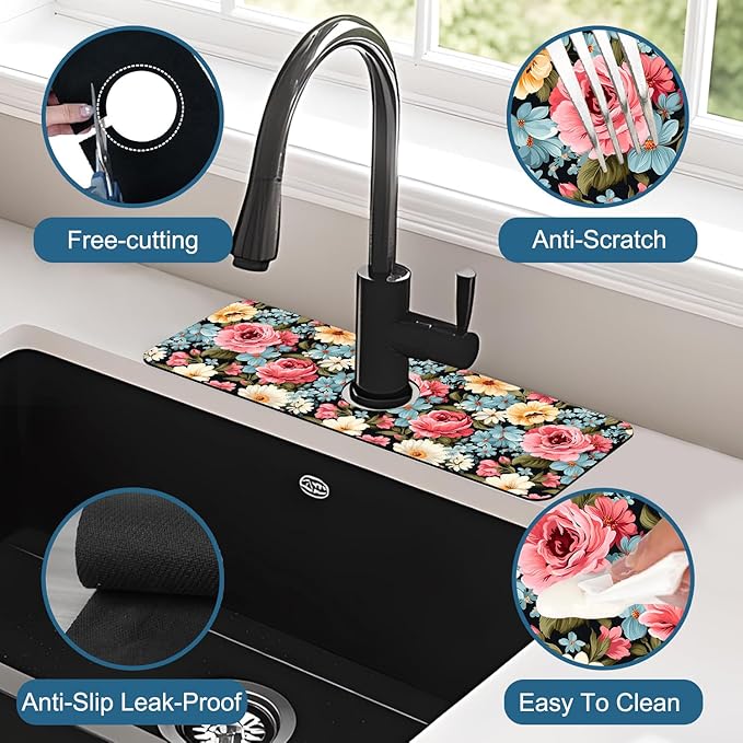 Colorful Flowers Sink Splash Guard Vintage Floral Faucet Absorbing Mat Fast Drying Mat Sink Gadgets Splash Guard Behind Faucet Drip Catcher for Kitchen Bathroom, 15.5"x5.5"
