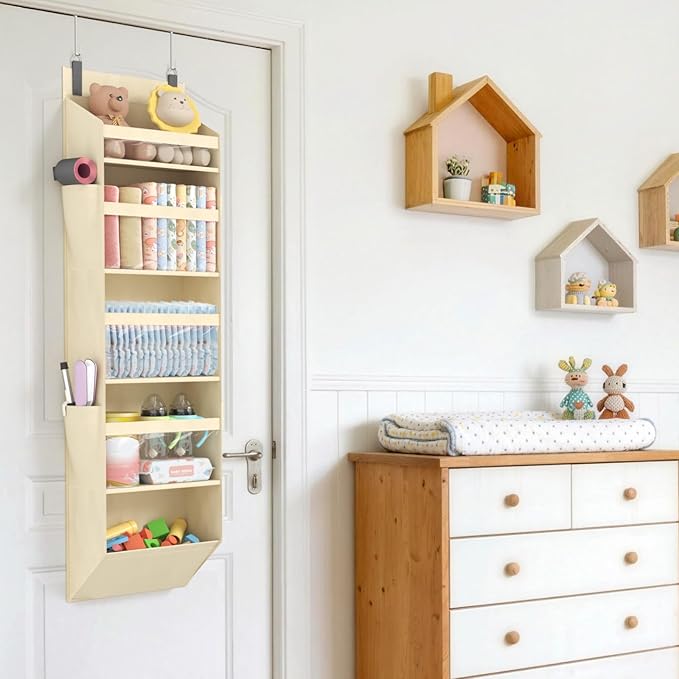 Lifewit 1 Pack Over the Door Organizer, Clear Window Hanging Storage with 4 Mesh Side Pockets, Anti Tilt 40 lbs Load Behind Door for Pantry, Nursery, Bathroom, Bedroom, Dorm, 5 Section, Beige
