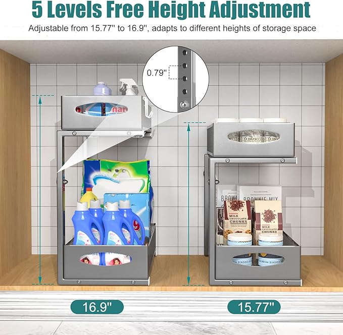 Housolution 2 Pack Under Sink Organizer, 2 Tier Metal Pull Out Under Sink Storage with Sliding Mesh Drawers, Height Adjustable Slide Out Under Sink Organizer for Kitchen Bathroom Cabinet, Gray