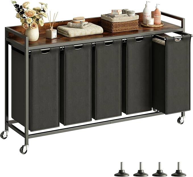 Laundry Hamper with Shelf, Laundry Basket 5 Section, Laundry Sorter with Pull-Out Removable Large Bags and Movable Wheels, Metal Frame, 5 x 15.87 Gallons (60L), Rustic Brown + Black PF08XLY
