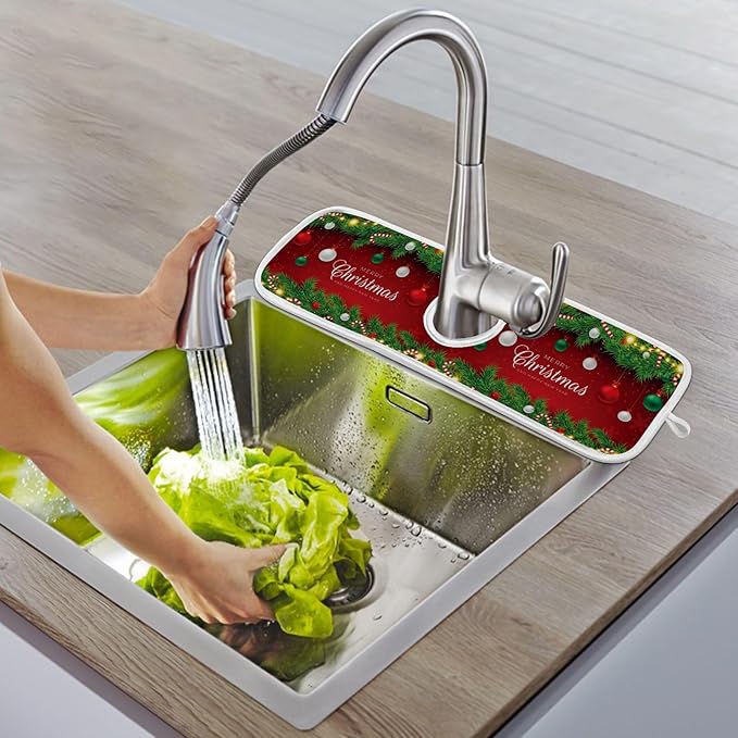 2 Pack Sink Splash Guard Christmas Kitchen Faucet Branches and Balls Absorbent Sink Mat for Faucet Kitchen Guard Drip Catcher Drying Mat for Farmhouse Barthroom Bar,S