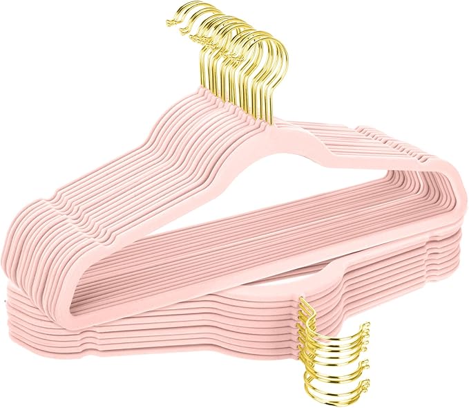 TIMMY 36-Pack Velvet Hangers with Gold Hooks - Space-Saving Non-Slip Heavy-Duty Clothes Hangers for Coats, Suits, Dresses, and Sweaters - Slim Design (Blush Pink+Gold)